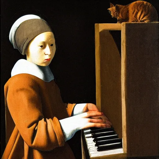 Image similar to cat on keyboard tragedy in the style of johannas vermeer