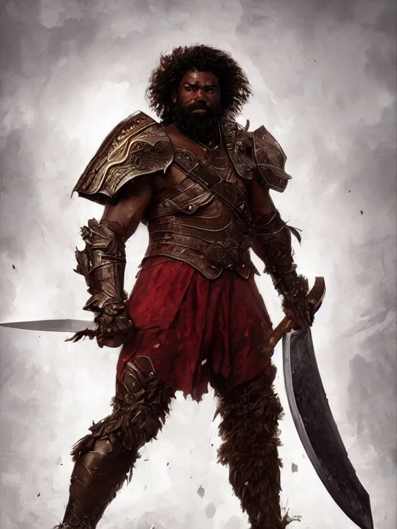 Image similar to male warrior, blood red armor, giant axe, messy curly hair, unkempt beard, dark brown skin, ready to fight, realistic, smooth, sharp focus, character select portrait, by artgerm, greg rutkowski, alphonse mucha, 3 d