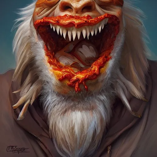 Image similar to portrait of gritty opening his mouth to eat pizza, highly detailed, digital painting, artstation, concept art, sharp focus, illustration, art by artgerm and greg rutkowski and alphonse mucha