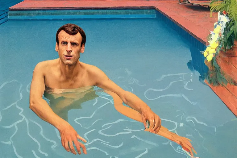 Prompt: emmanuel macron swimming in a pool in california house, wearing small speedo, water is shimmering, by david hockney, peter doig, lucien freud, francis bacon, bouguereau, norman rockwell, pop surrealism