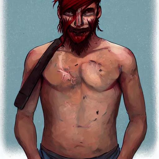 Prompt: portrait, 30 years old man :: red hair ponytail :: burned face, grimy, shirtless :: high detail, digital art, RPG, concept art, illustration