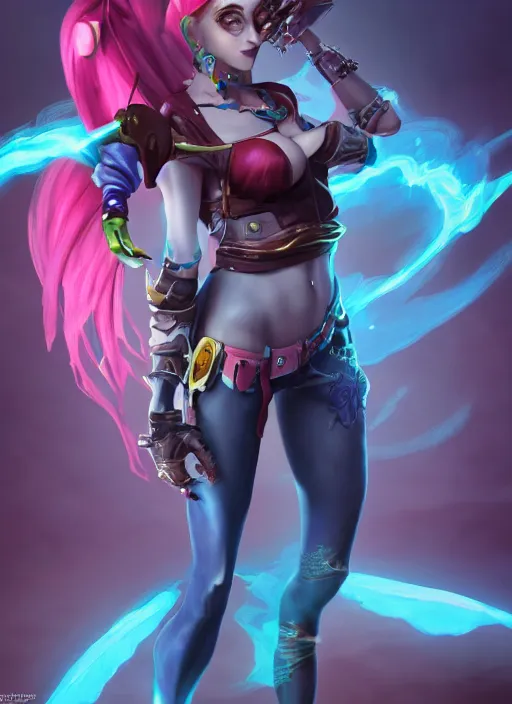Image similar to jinx the loose canon, from league of legends, hyper detailed, digital art, trending in artstation, cinematic lighting, studio quality, smooth render, fluorescent skin, unreal engine 5 rendered, octane rendered, art style by klimt and nixeu and ian sprigger and wlop and krenz cushart