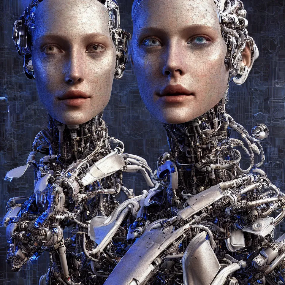 Image similar to hyperrealistic mixed media portrait of a Robot of Roland Busch forward angle, stunning 3d render inspired art by P. Craig Russell and Barry Windsor-Smith + perfect facial symmetry + dim volumetric lighting, 8k octane beautifully detailed render, post-processing, extremely hyperdetailed, intricate futuristic mechanic parts, epic composition, grim yet sparkling atmosphere, cinematic lighting + masterpiece, trending on artstation