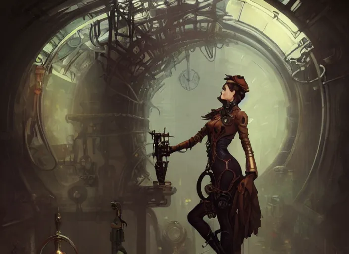 Image similar to woman model, steampunk!!! and modern, rgb, in creepy sewers, backlit, elegant, highly detailed, digital painting, artstation, concept art, smooth, sharp focus, illustration, art by krenz cushart and artem demura and alphonse mucha