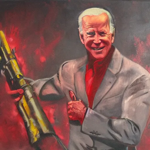 Prompt: Joe Biden holding a minigun standing ankle deep in a pool of blood with a war happening in the background, oil painting