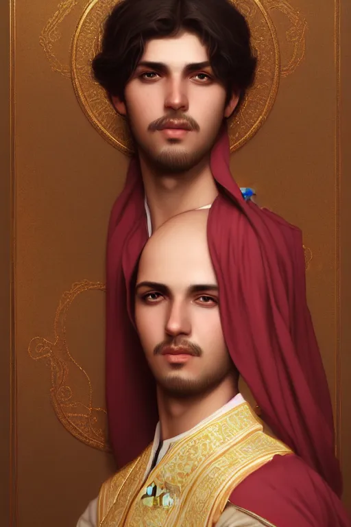 Image similar to a portrait of a arabian male prince, illustration, soft lighting, soft details, painting oil on canvas by Edmund Blair Leighton and Charlie Bowater octane render trending on artstation d&d characters, 4k, 8k, HD