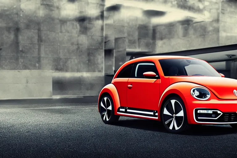 Image similar to Advertisement banner of the new electric Volkswagen Beetle 2023, with led lights, silver chrome color, minimalist lines, gullwing side doors open, wooden interior, retro futuristic style, 4k,professional photograph, award winning advertising, creative