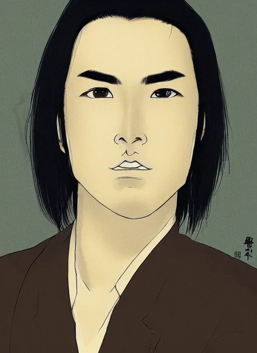 Image similar to portrait by yoji shinakawa, handsome male vampire, focus on face, pretty, long black hair, dark blue shirt, light brown coat