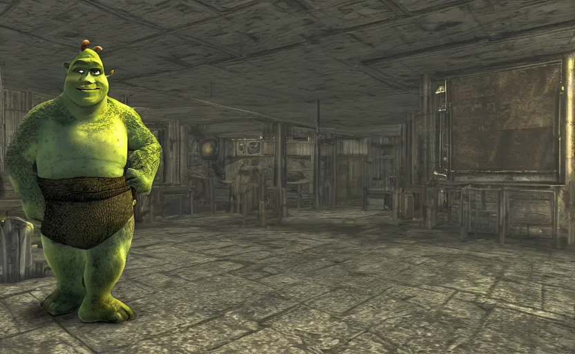Prompt: screenshot of Shrek in Fallout 3,
