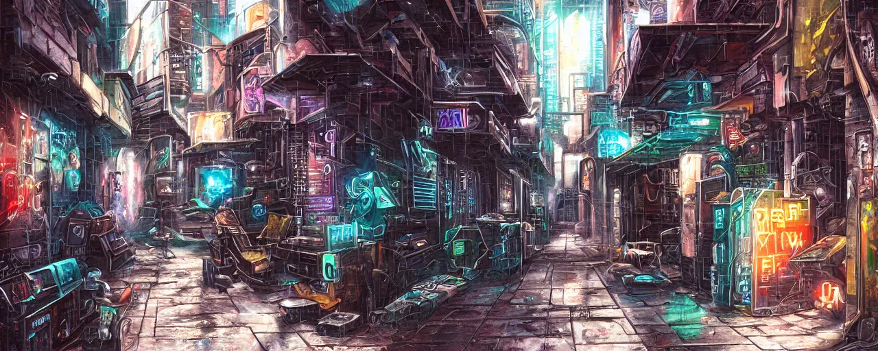 Image similar to airbrushed painting of a cyberpunk alleyway