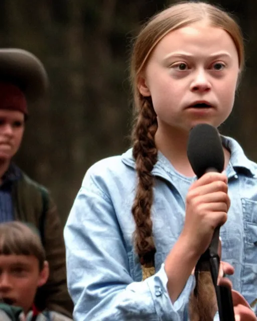 Image similar to film still close - up shot of greta thunberg giving a speech in a train station from the movie brokeback mountain. photographic, photography