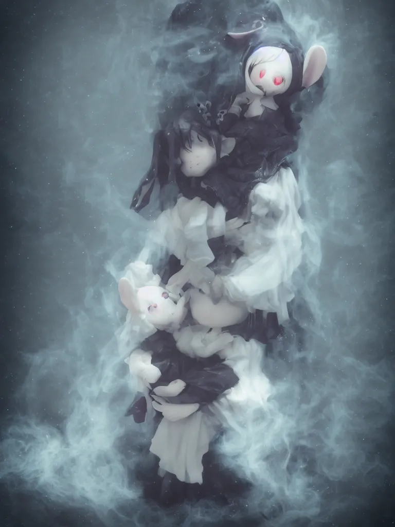 Image similar to cute fumo plush of a cursed frail witch bunny girl held tight in the arms of a translucent ghost mother, hugging and cradling, anime, eerie pretty melting volumetric smoke and fog, dark environment map pbr reflective stormy water, gothic maiden, bokeh, vignette, vray