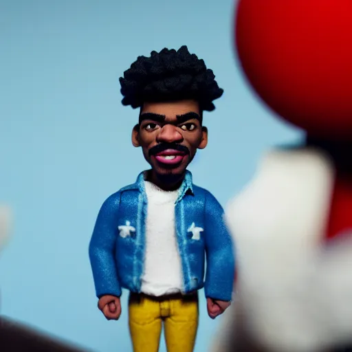 Image similar to a cinematic film still of a claymation stop motion film starring chance the rapper as a college student, shallow depth of field, 8 0 mm, f 1. 8