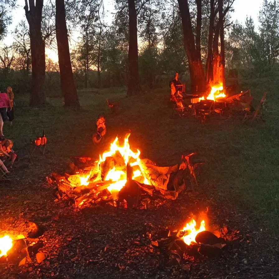 Image similar to a nice evening around the camp fire, friends are drinking and laughing, there is a monster behind the tree