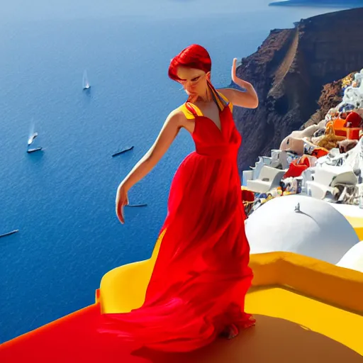 Prompt: beautiful modern dancer wearing a red and yellow and blue swirling dress, standing on a Santorini terrace looking down into the ocean, trending on Artstation, cinematic, octane render