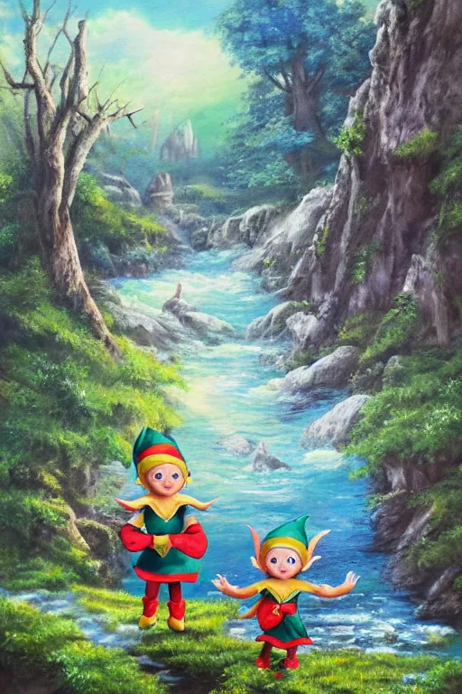 Image similar to a splash painting of a cute elf and dwarf sitting on the edge of a hill, beautiful nature, beautiful landscape