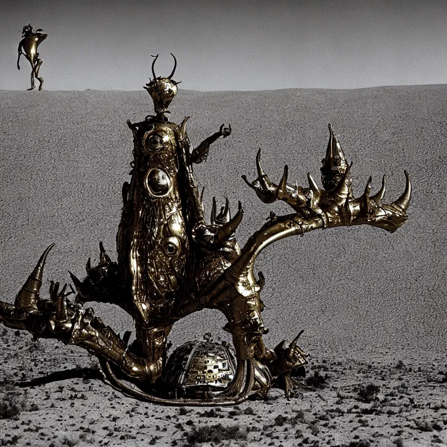 Prompt: salvador dali wearing a golden horned crown and jewels in a dry sand desert landscape, alien spaceship by giger, film still from the movie by alejandro jodorowsky with cinematogrophy of christopher doyle and art direction by hans giger, anamorphic lens, kodakchrome, very detailed photo, 8 k