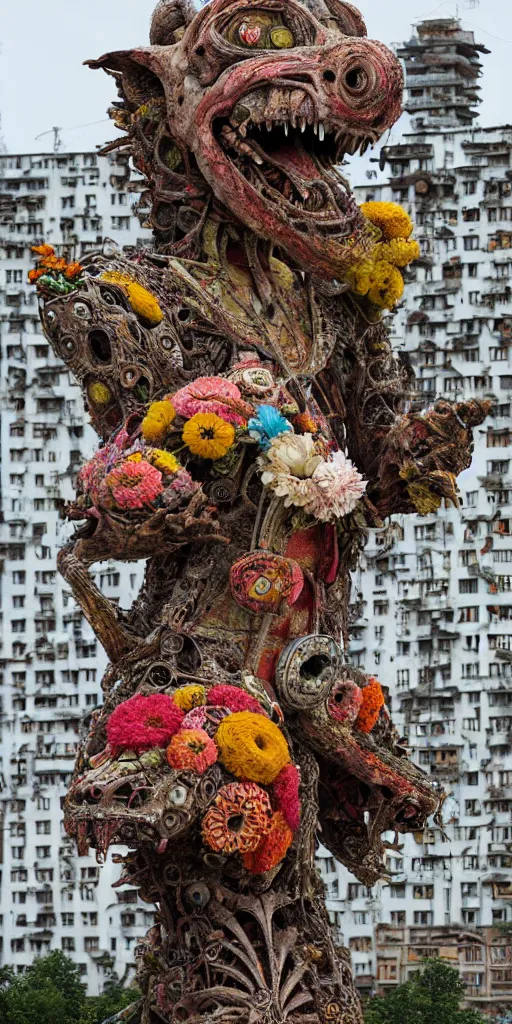 Image similar to colossal grotesque prehistoric psyhedelic alien predator flower made from best unfulfilled mankind projects in the middle of abandoned post soviet constructivist cityscape, Stalinist architecture, ultradetailed, Intricate by Hayao Miyazaki and Josan Gonzalez and Makoto Shinkai and Giuseppe Arcimboldo and Wes Anderson