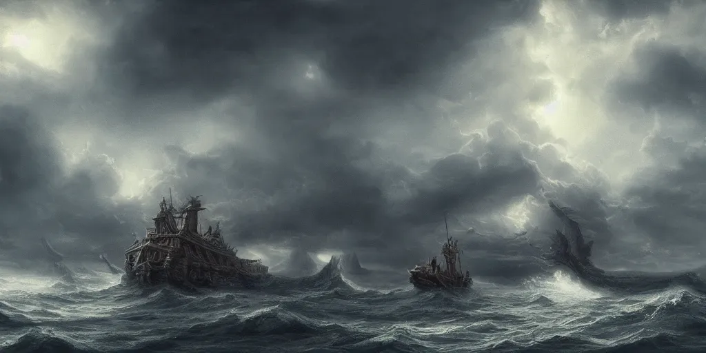 Prompt: highly detailed matte painting of leviathan and noah's ark under a stormy sky, featured on artstation