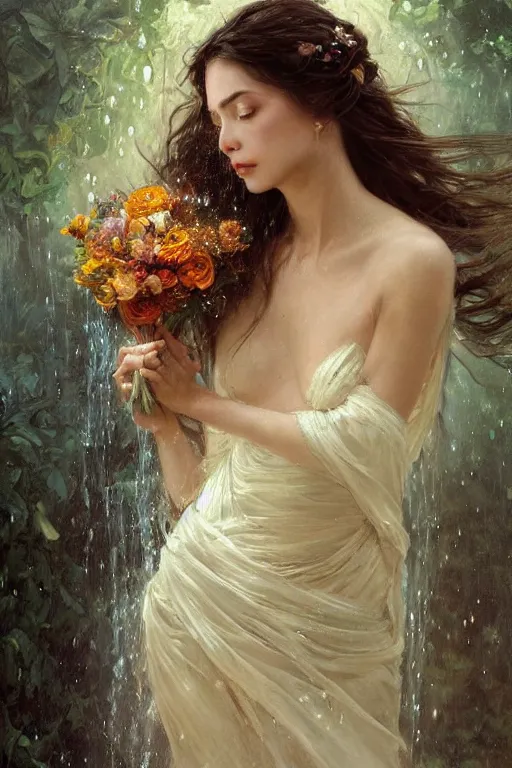 Image similar to portrait of a beautiful mysterious woman holding a bouquet of flowing flowers, drenched body, wet dripping long hair, hands hidden under the bouquet, emerging from the water, fantasy, regal, intricate, by stanley artgerm lau, greg rutkowski, thomas kindkade, alphonse mucha, loish, norman rockwell