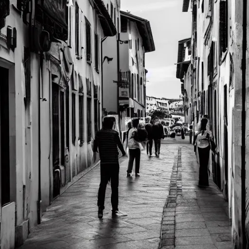 Prompt: a man and a woman eating a pizza in Pisa, Italy. Sunset, street photgraphy