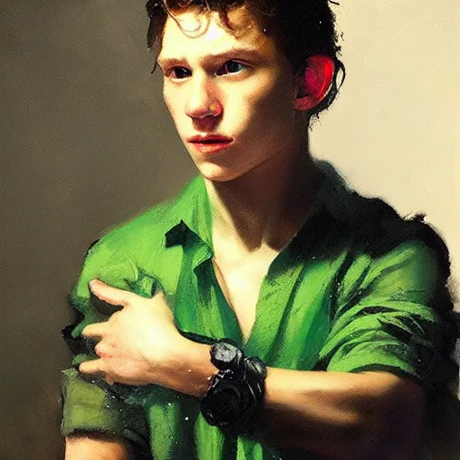 Prompt: tom holland wearing green tunic holding glowing purple orb by ruan jia, portrait