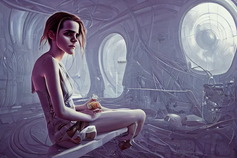 Image similar to beautiful painting of Emma Watson in a futuristic house in the style of Simon Stålenhag and H. R. Giger, detailed, trending on Artstation