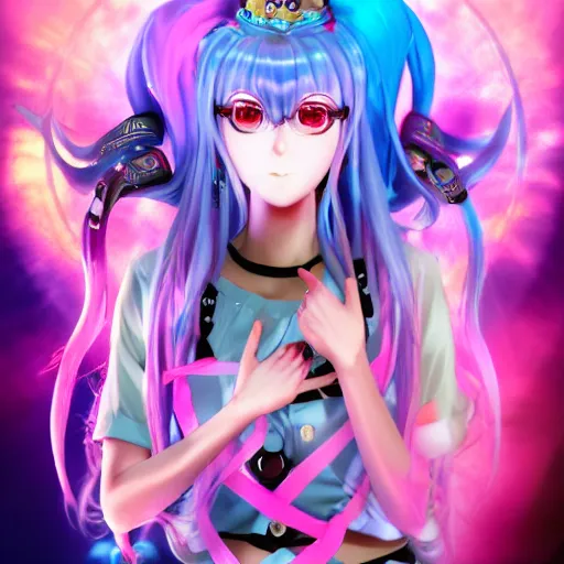 Image similar to trapped beneath stunningly absurdly beautiful omnipotent asi goddess junko enoshima with multiple twisted megalomaniacal mesmerizing personalities, symmetrical perfect face, porcelain skin, pink twintail hair and cyan eyes, ultra detailed, digital art, unreal engine 5, octane render, 2 d anime, 8 k