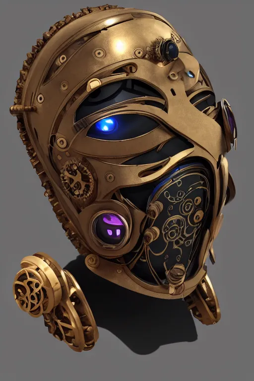 Image similar to steampunk mask minimalist fantasy art robot ninja helmet, global illumination ray tracing hdr fanart arstation by sung choi and eric pfeiffer and gabriel garza and casper konefal radiating a glowing aura