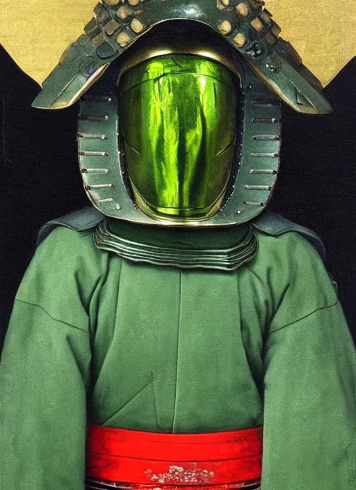 Prompt: a japanese samurai but his armor is greeen, little bit red, damaged and the helmet is almost futuristic, very detailed oil painting, dark and realistic, japanese art art