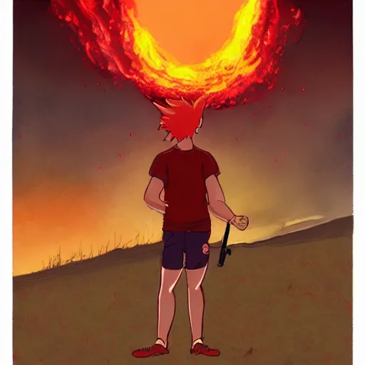 Prompt: a comic - like red haired boy with red eyes and surrounded by fire and a red sky