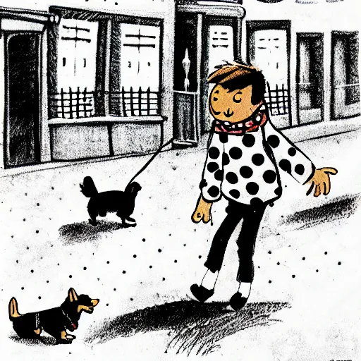 Image similar to illustration of french boy on the streets of paris playing football against a corgi, the dog is wearing a polka dot scarf, comic, 1 9 7 2