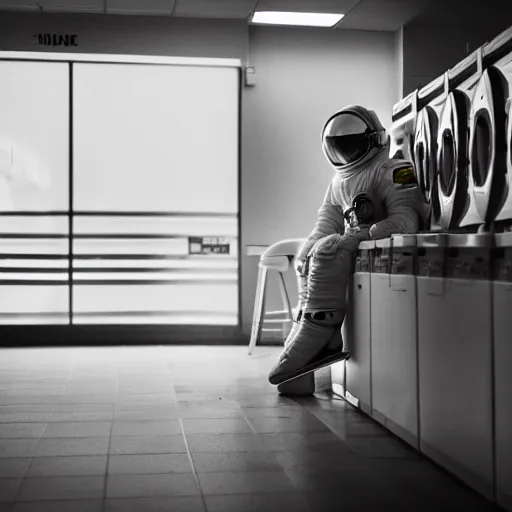 Prompt: a beautiful photo of an astronaut waiting in a laundromat, soft light, morning light, depth of field, photorealistic, realistic, octane, 8k, cinematic shot