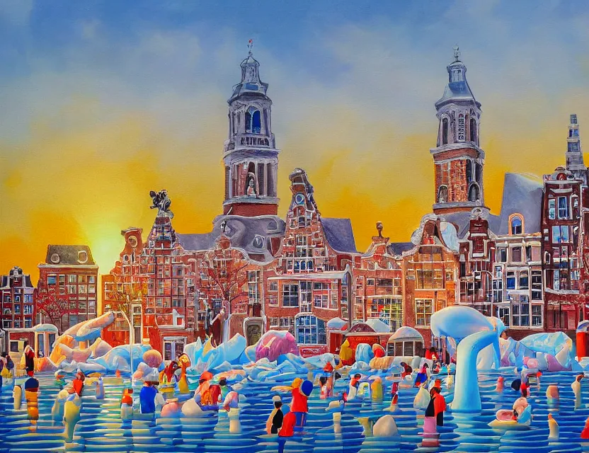 Prompt: a painting of a ice sculpture made of melting icecream in the shape of the skyline of amsterdam museum square and amsterdam houses on a very sunny bright summer sunset day, very hot and the ice is melting fast and people are swimming in the icecream in the style of james jean and fernando botero