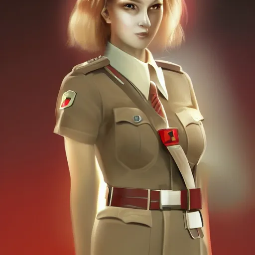 Prompt: pale skin security officers beige uniform glowing red trending on artstation high detail digital painting