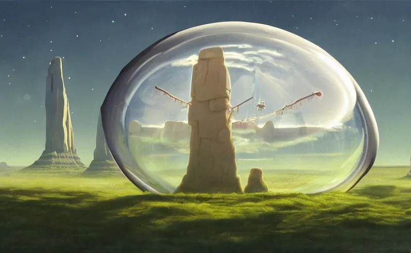 Image similar to a scary hyperrealist painting of a starship in a giant transparent bubble from howl's moving castle ( 2 0 0 4 ) in a flooded monument valley stonehenge jungle. depth perception, 4 k, artstation, in the style of studio ghibli