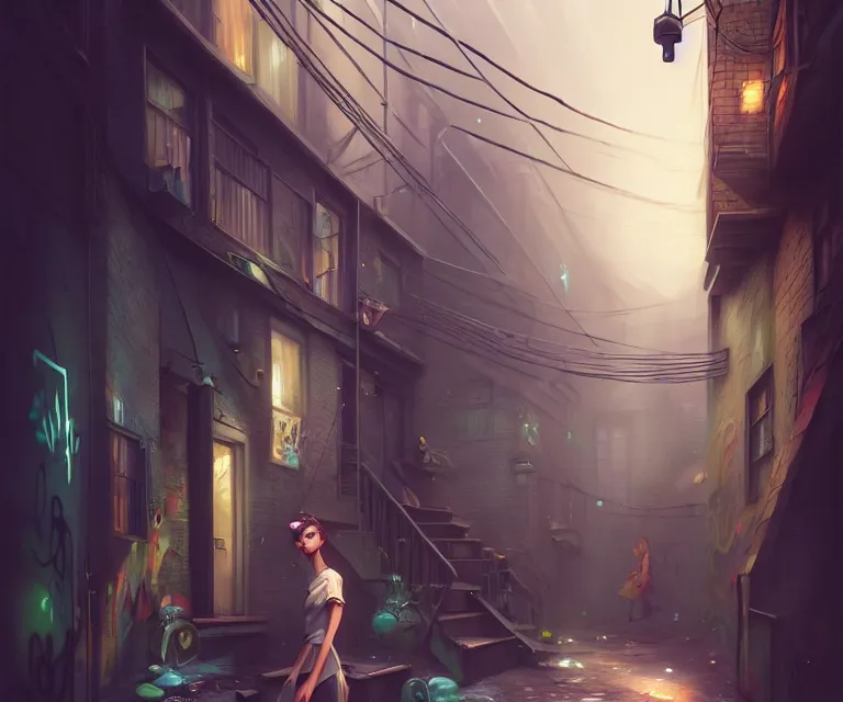 Prompt: a brooklyn alley, by charlie bowater and anna dittmann and artgerm and clemens ascher, intricate, graffiti, highly detailed, dramatic lighting, sharp focus, octane render, trending on artstation, artstationhd, artstationhq, unreal engine, 4 k, 8 k