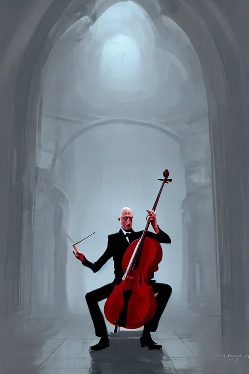 Image similar to an expressive portrait of agent 4 7 playing the cello in a monastery, dark background, red rim light, digital art, artstation, concept art by giger stalenhag