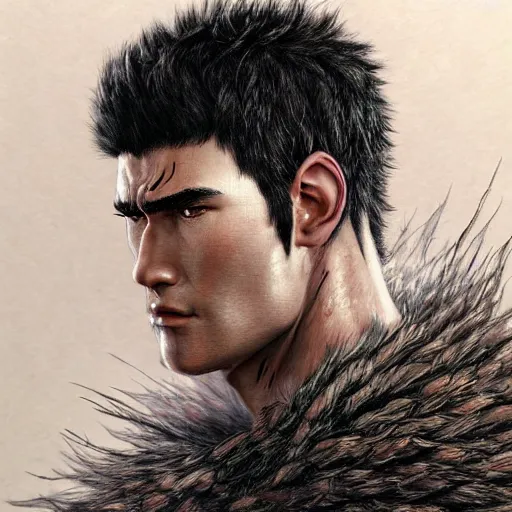 Image similar to realistic portrait of guts from berserk extremely detailed, made by wlop and maxwell boas