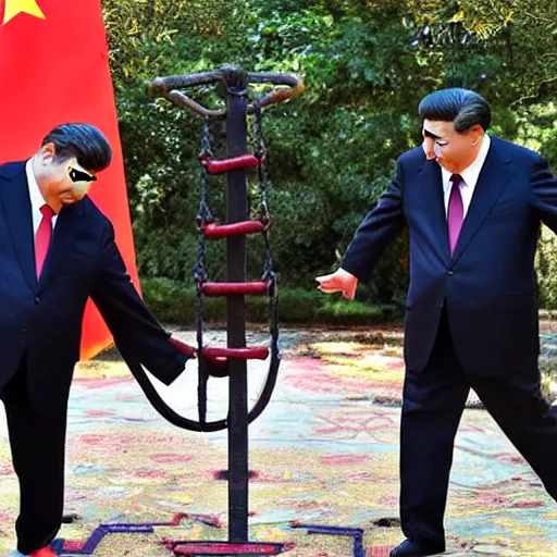 Image similar to xi jinping pushing winnie the pooh sitting on a swing