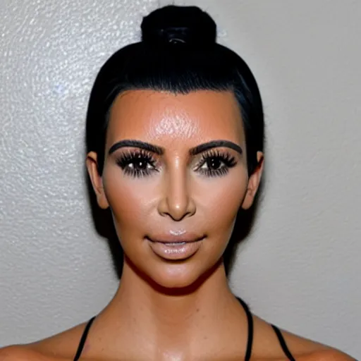 Prompt: kim kardashian full body mugshot, standing in front of a wall