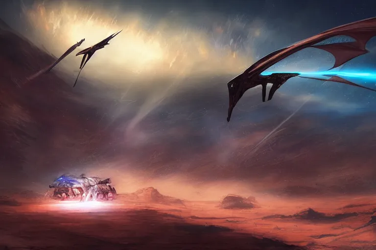 Image similar to ultra realistic cinematic lighting, lifelike, amazing detail, trending on art station, a pteranodon mecha fighter zooms through the dark primordial maelstrom void of an HR Giger a painted desert valley, contrails of smoke, nebula and cosmic sky, cinematic lighting, engines blazing robotech mecha styling by Jessica Rossier and John Berkey, cinematic, realistic