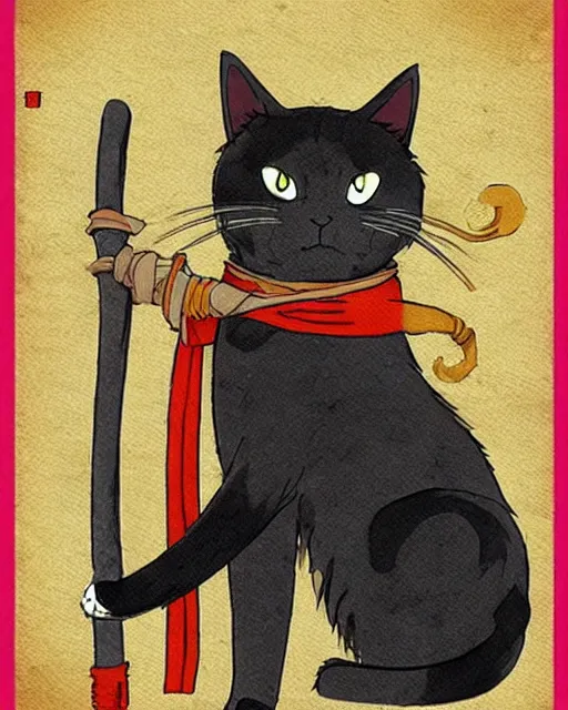 Image similar to cat dressed as a samurai in the style of studio ghibli