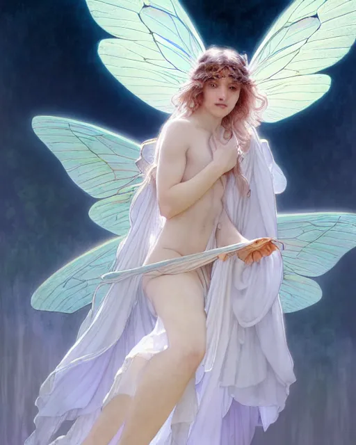 Prompt: portrait of a ethereal magical young butterfly fairy princess wearing a white robe, d & d, fantasy, intricate, dark souls, elegant, highly detailed, digital painting, artstation, concept art, smooth, sharp focus, illustration, art by greg rutkowski, maxfield parrish and alphonse mucha, new art nouveau, tarot card