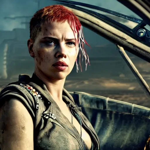 Prompt: Fury Road scarlett johansson after a bad mission in Cyberpunk 2077. CP2077. 3840 x 2160