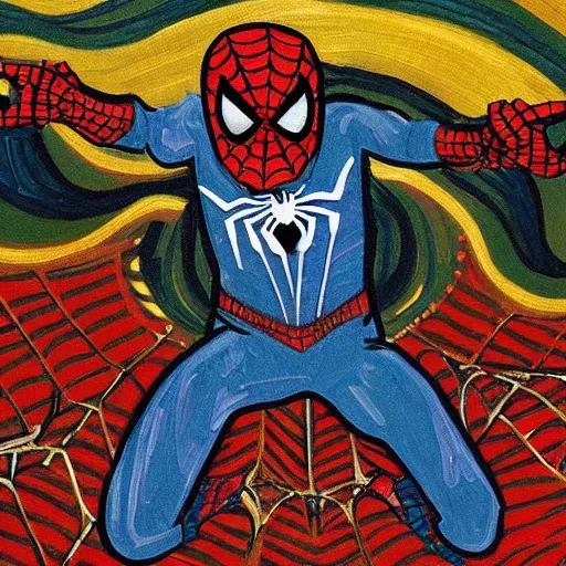 Image similar to a van gogh style painting of spiderman, 4 k, award winning, highly intricate