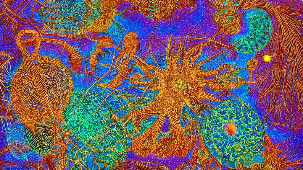 Image similar to quantum connections represented as symbiotic organisms like cells playing around with colorful lights by ernst haeckel, transparent