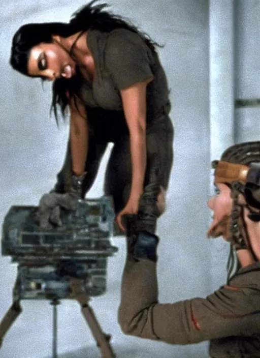 Image similar to film still of kim kardashian being held against a wall by a predator in the movie Alien.