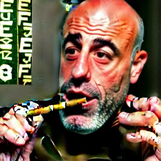 Image similar to the episode of joe rogan interviewing jesus christ while smoking a weed blunt. a cigarette with weed smoked by joe rogan. joe rogan experience.