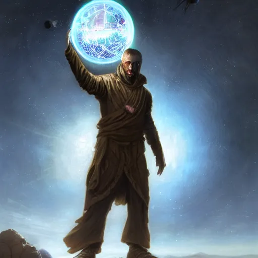 Image similar to male nomad wearing a cloak on an alien world and holding a holographic planet projection in his hand, covered face, detailed, sci - fi, digital painting, artstation, sharp focus, illustration, artgerm, tomasz alen kopera, peter mohrbacher, donato giancola, joseph christian leyendecker, wlop, frank frazetta